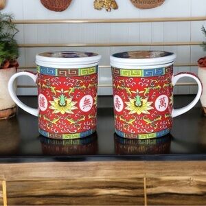 Eastern Asian Jingdezhen Red Longevity Lotus Porcelain Tea Infuser Lidded Cups